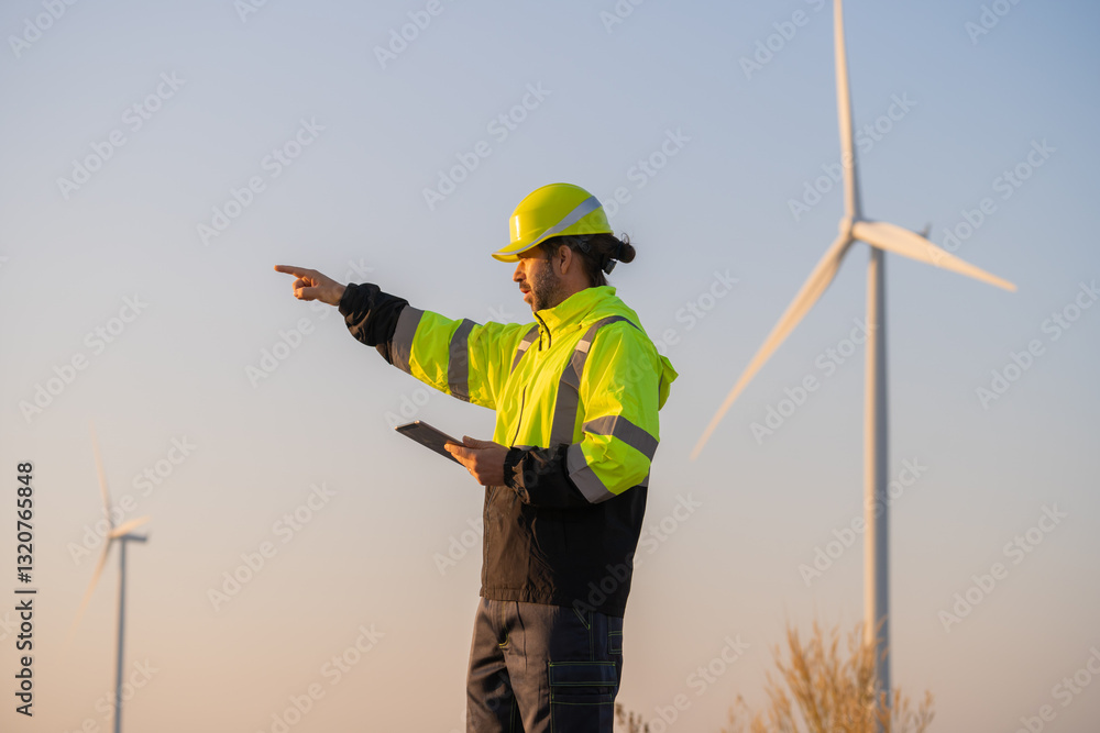 Aufkleber Engineer man working with tablet at windmill farm Generating electricity clean energy. Wind turbine farm generator by alternative green energy.
