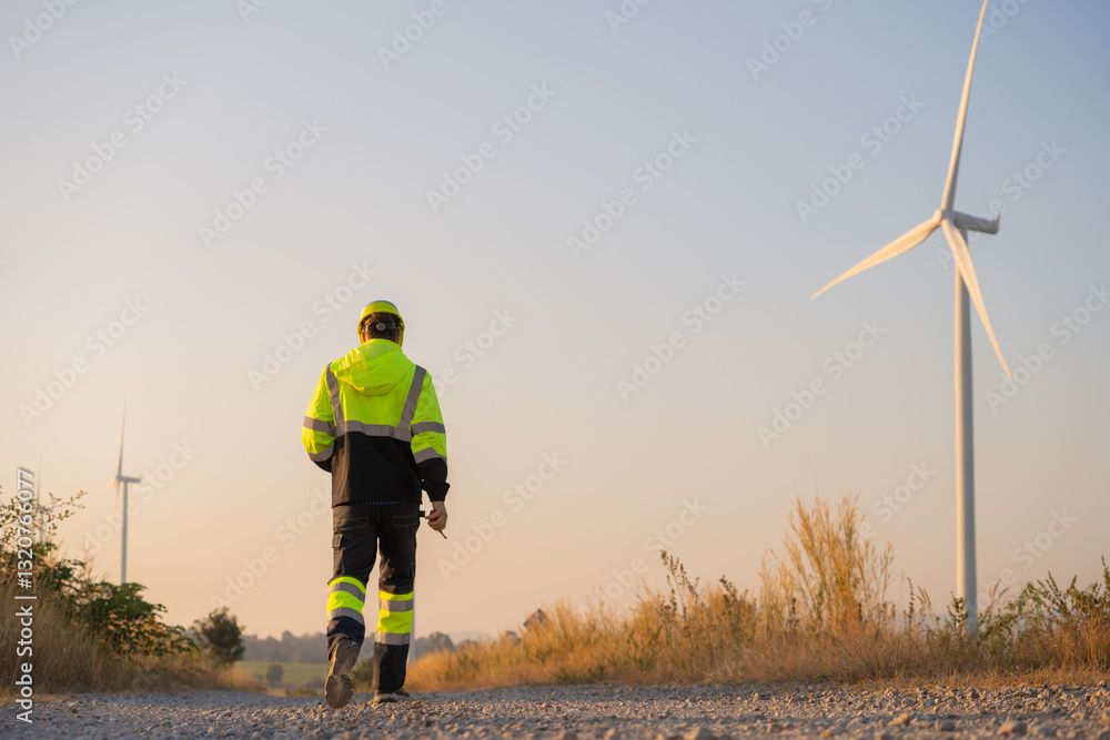 Poster engineer man working at windmill farm generating electricity clean energy. wind turbine farm generat