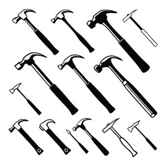 Silhouettes of Nine Different Hammers – Minimalist Tool Icons with Various Head and Handle Designs