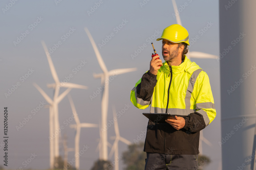 Aufkleber Engineer man working with tablet at windmill farm Generating electricity clean energy. Wind turbine farm generator by alternative green energy.