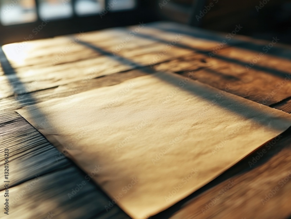 Poster A simple scene with a piece of paper resting on a wooden table, suitable for use in illustrations or as a background