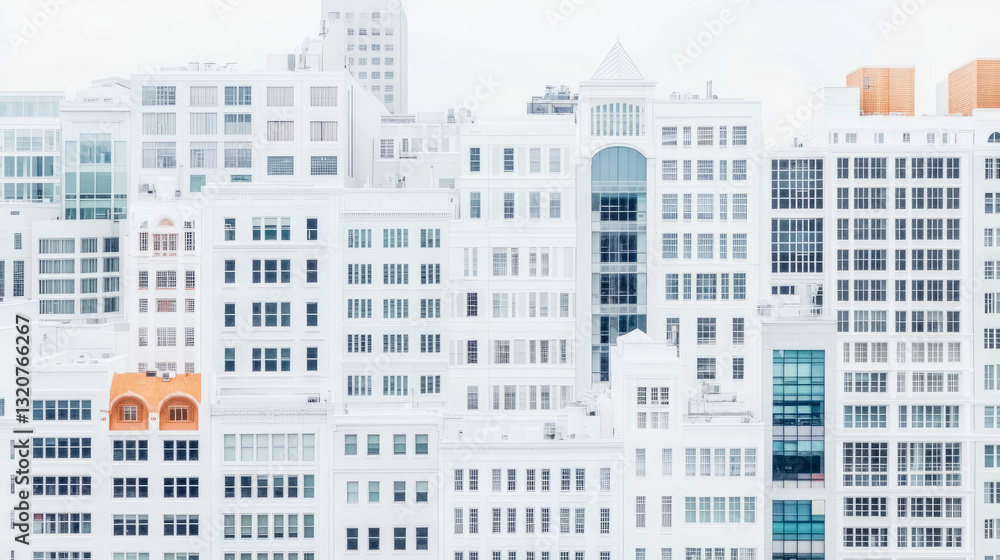 Poster urban landscape: rows of gleaming white buildings with pop of color; architecture showcasing repetit