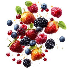 Mixed Berries with Splash of Water Isolated on Transparent Background