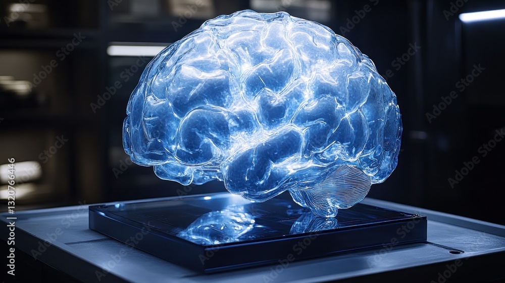 Poster a translucent, glowing brain model, showcasing complex neurological structures, displayed on a refle