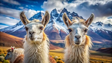 Obraz premium Bolivian Altiplano Llamas: Close-up of Two Llamas with Snowy Andes Mountains