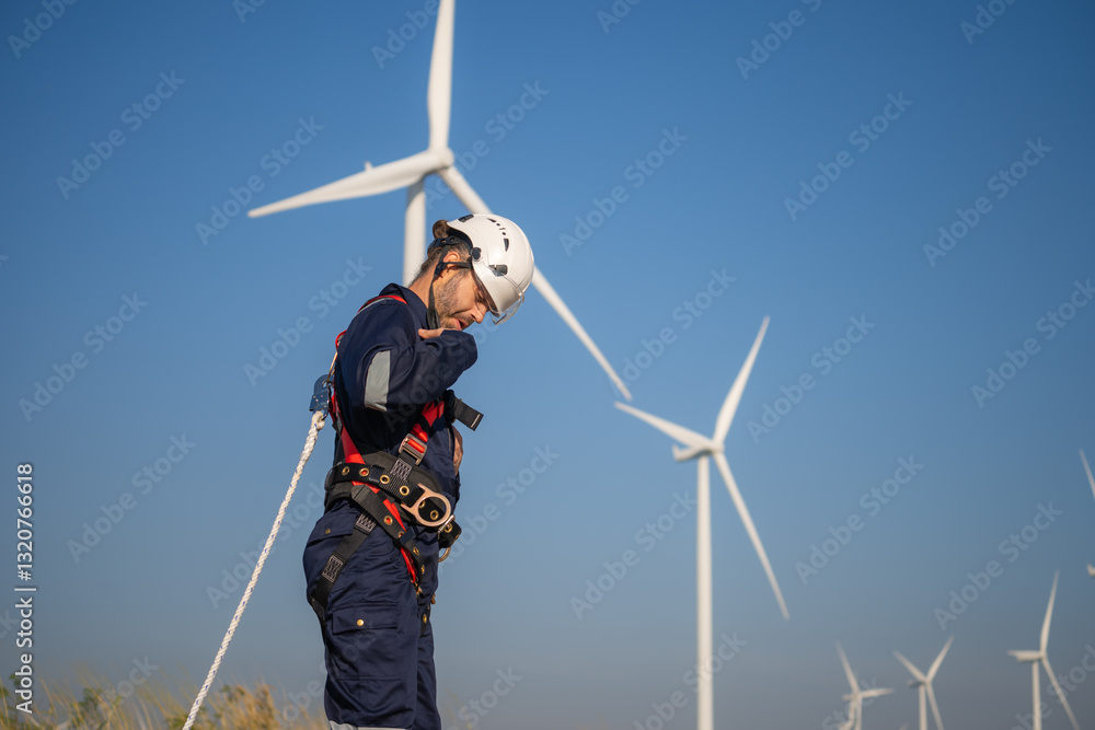 Poster engineer man working at windmill farm generating electricity clean energy. wind turbine farm generat