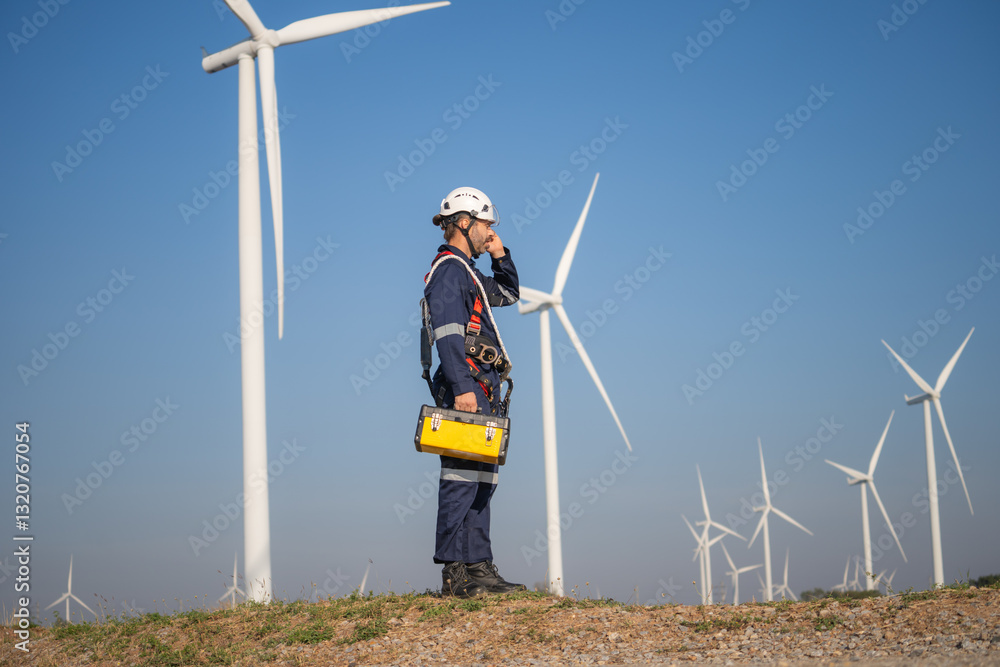 Poster engineer man working at windmill farm generating electricity clean energy. wind turbine farm generat
