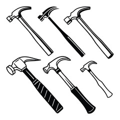 Silhouettes of Nine Different Hammers – Minimalist Tool Icons with Various Head and Handle Designs