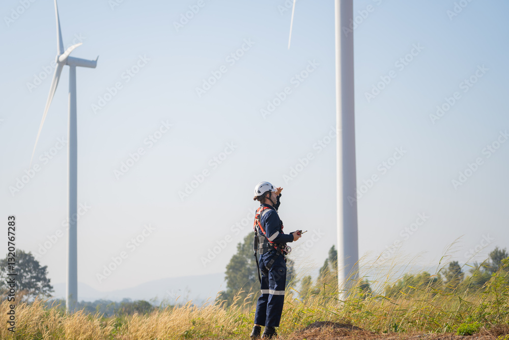 Aufkleber engineer man working at windmill farm generating electricity clean energy. wind turbine farm generat