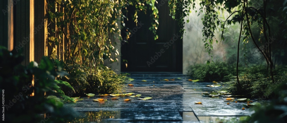 Poster a path with autumn leaves leading up to a door, ideal for use in scenes about transitions or new beg