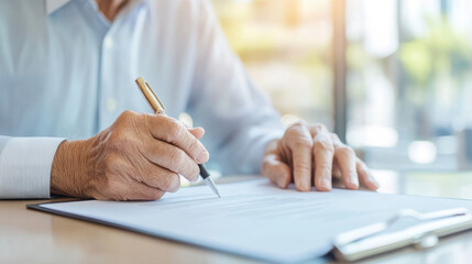 elderly entrepreneur signing business contracts in bright office setting, showcasing focus and professionalism. scene captures essence of business negotiations and decision making