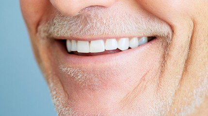 Obraz premium Close up of senior man smile with visible smile lines and nasolabial folds, showcasing healthy teeth and facial hair. image highlights natural aging process and positive expression