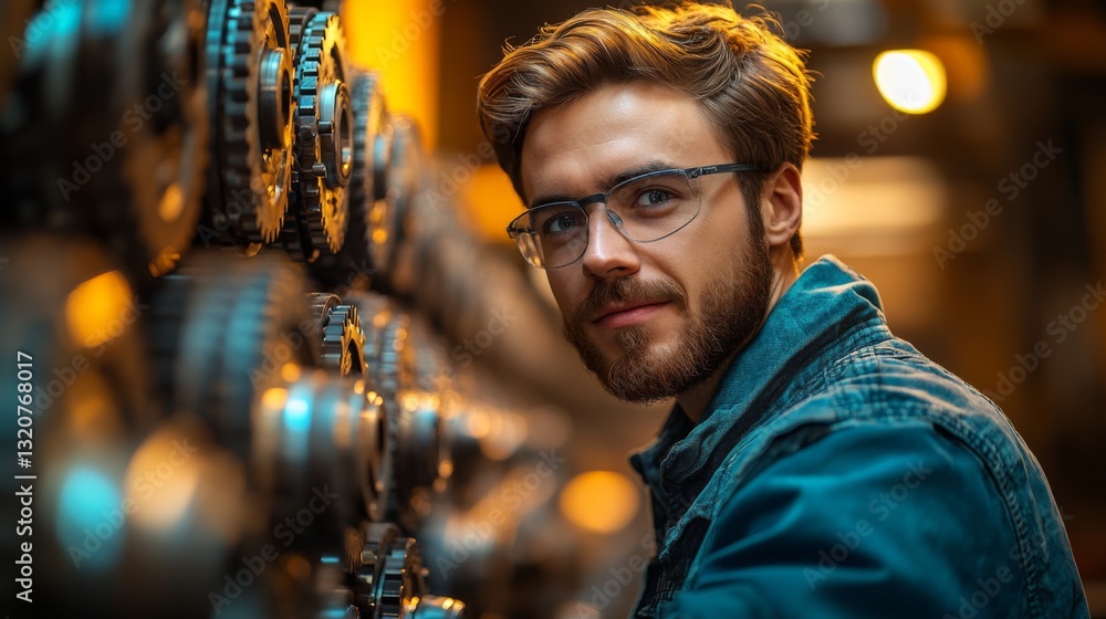 Poster a skilled worker is observed in a manufacturing facility, closely examining automated machinery used
