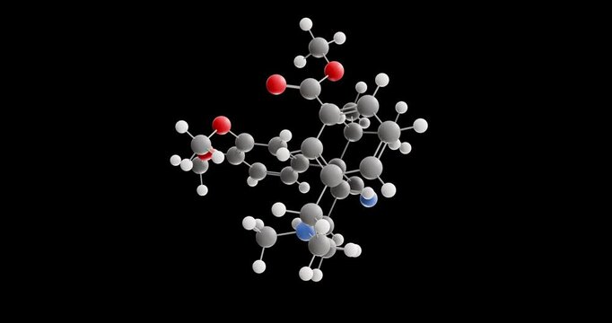 Etripamil molecule, rotating 3D model of phenylbutylamines, looped video on a black background