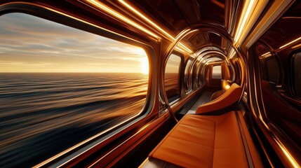 Modern Train Interior with Sunset View Over Ocean Water through Panoramic Window in Golden Light and Warm Atmosphere