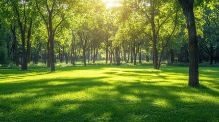 A defocused green landscape with dappled sunlight shining through tree canopies, evoking a tranquil outdoor setting