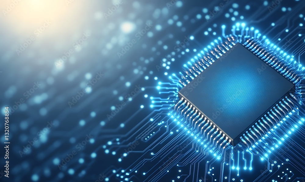 Poster High-tech microchip with glowing circuits on a blue background.