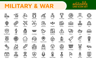 Military & War Icon Set. A powerful collection of icons representing defense and combat themes, perfect for enhancing educational materials, military websites, and historical projects.