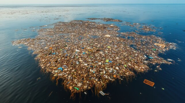 An aerial view reveals a vast plastic garbage patch in the ocean, featuring numerous plastic bottles and bags adrift on the surface