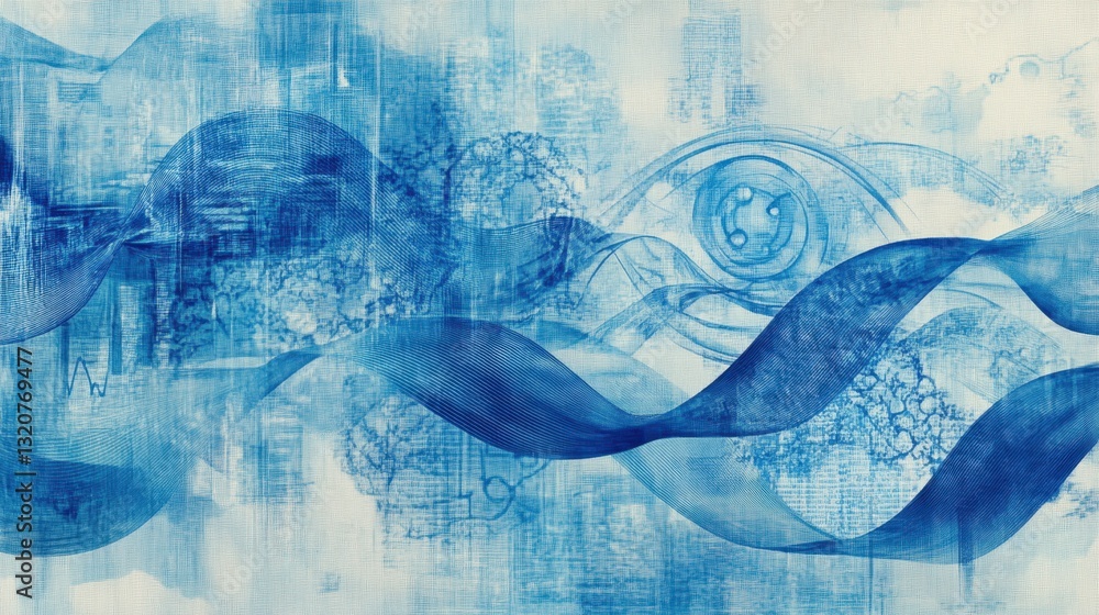 Poster a digital composition of blue wave patterns with a subtle overlay of medical icons, ideal for a tech