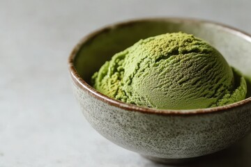 Creamy Matcha Green Tea Ice Cream Served in Rustic Bowl on Light Gray Background