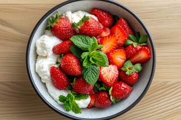 Fresh Strawberries and Cream Served in a Bowl with Mint on a Wooden Table