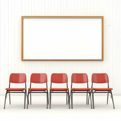 Red Chairs in Front of Blank Wall with Wooden Frame and Empty Space