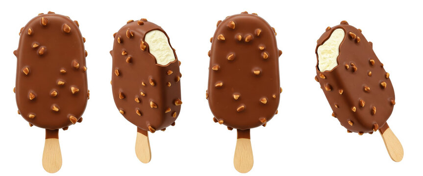 chocolate popsicle lollipop PNG set, ice cream bar with choco coating and hazelnuts isolated on white, transparent backround. Bundle, cut out. Mockup design, parlour, shop menu dessert, creamy