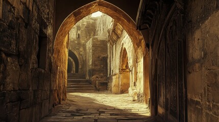 Fototapeta premium Aleppo Citadel Entrance. Ancient Fortification in Syria's Historical Arabia