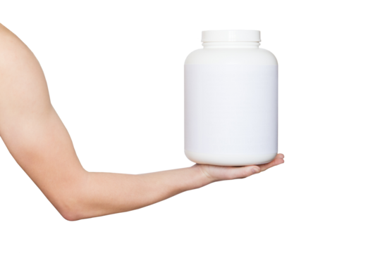 Big white plastic jar, Male arm of caucasian young man muscles close-up, png, isolated on transparent background. Protein or other sports nutritional supplement. - Powered by Adobe