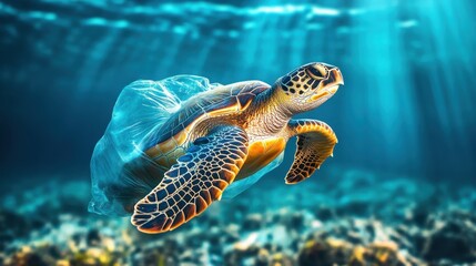 Obraz premium A sea turtle struggles to escape from a floating plastic bag, set against a dramatic underwater background that highlights the urgency of marine pollution