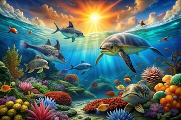 Breathtaking Underwater Scene: Majestic Sea Turtles & Vibrant Marine Life Wall Art