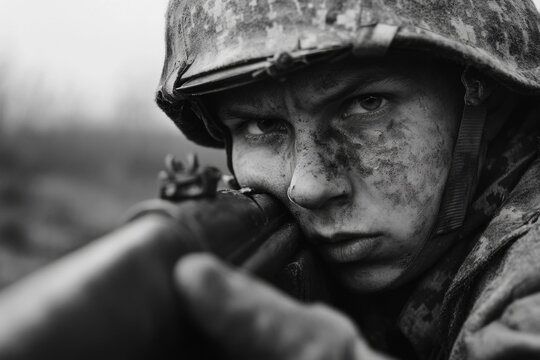 Fototapeta A close-up shot of a soldier holding a rifle, in black and white
