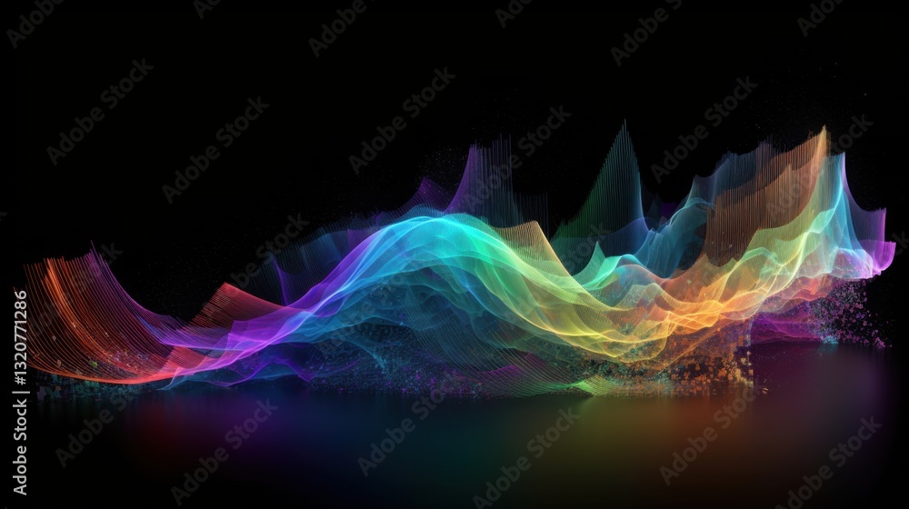 Aufkleber a dynamic display of rainbow-colored digital particles forming a flowing, ethereal wave.