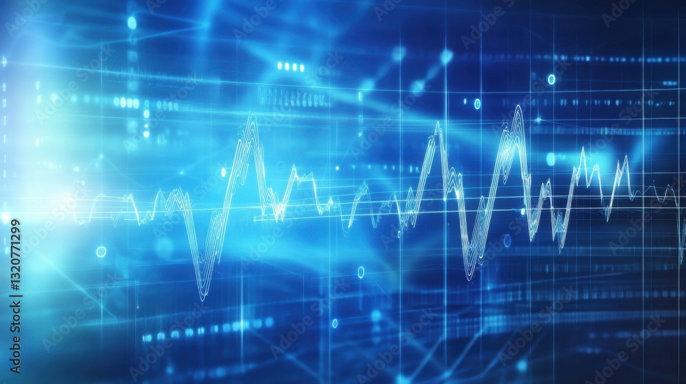 Poster a dynamic blue wave medical background with a subtle overlay of futuristic glowing lines and dots