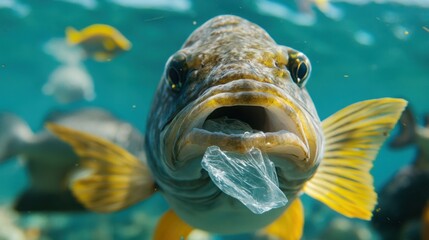 A large fish is seen swallowing a plastic wrapper, highlighting marine pollution, with various sea creatures swimming in the background