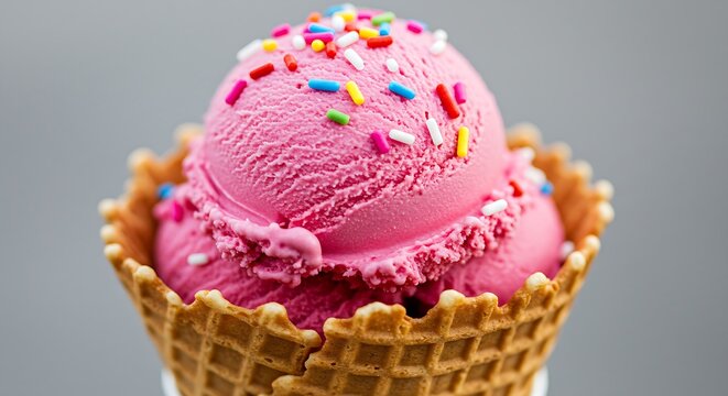 A delicious scoop of pastel pink ice cream in a waffle cone. - Powered by Adobe