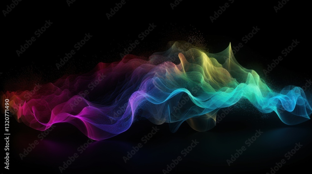 Aufkleber a dynamic display of rainbow-colored digital particles forming a flowing, ethereal wave.
