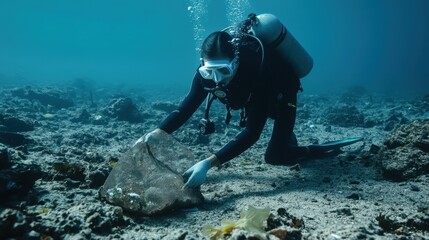 A diver collects plastic waste from the seabed using a mesh bag, contributing to ocean conservation and marine sustainability