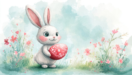 Obraz premium Hand drawn cute bunny holding decorated Easter egg in floral field, Colorful Watercolor Painting Illustrated Design