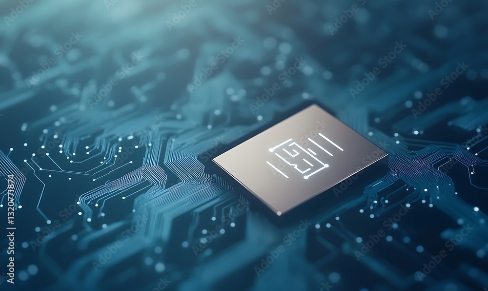 Poster High-tech microchip on a blue circuit board background with intricate patterns.