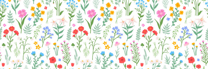 Flowers seamless pattern hand drawn pencil. Cute simple colorful doodle art. Floral of wildflower, leaf branch. Blossom illustration for decor, easter, sticker, clipart, print