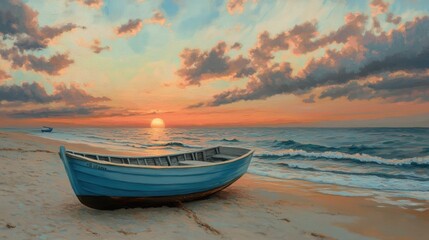 Fototapeta premium Avalon Sunrise. Beach Seacoast Summer Background with Boat in Atlantic City