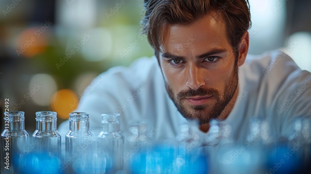 Aufkleber a skilled engineer is intently examining rows of glass containers filled with vibrant blue liquids i