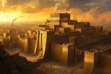Babylon: Illustration of Ancient City with Tower of Babel, Symbolizing Bible and Religion in Multiple Languages