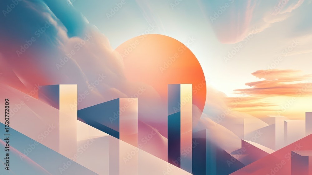 Poster a futuristic abstract landscape with geometric shapes, symbolizing progress and professional develop