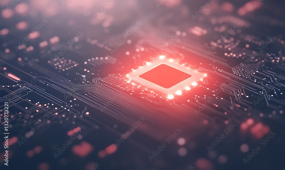 Fototapete Abstract close-up of a glowing circuit board with a central chip illuminated in red.