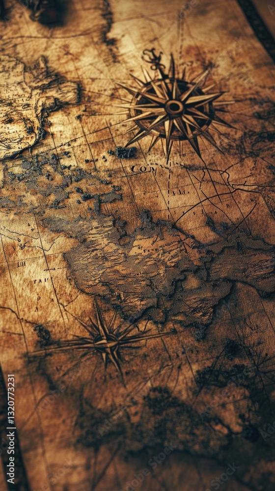 Poster a map of the world with a compass featured prominently