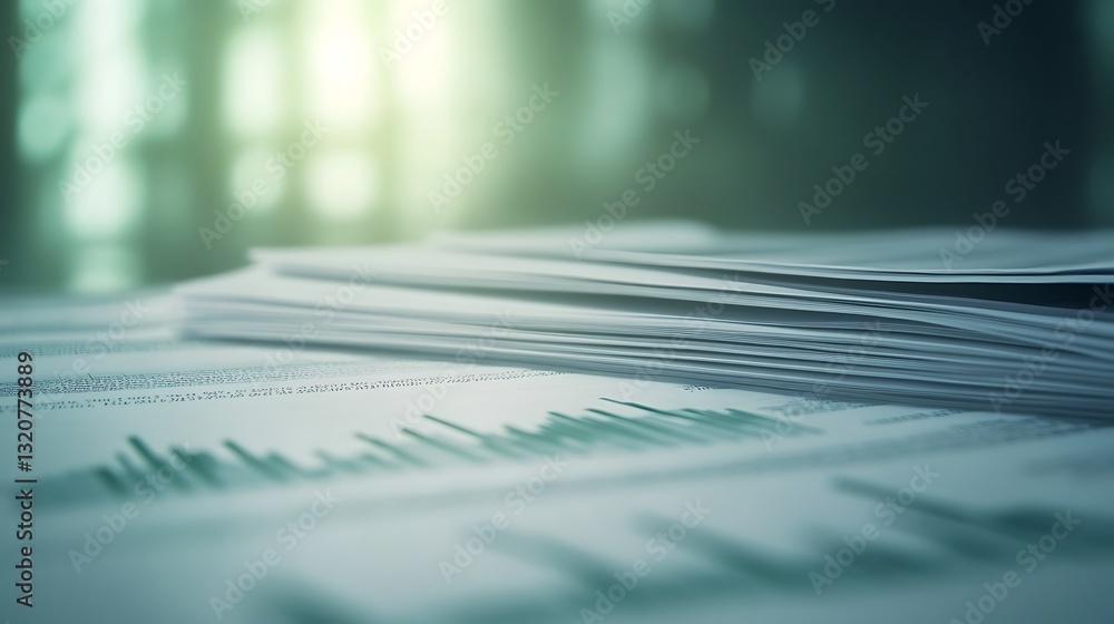 Poster Documents stacked with graphs and data, illuminated by soft light.