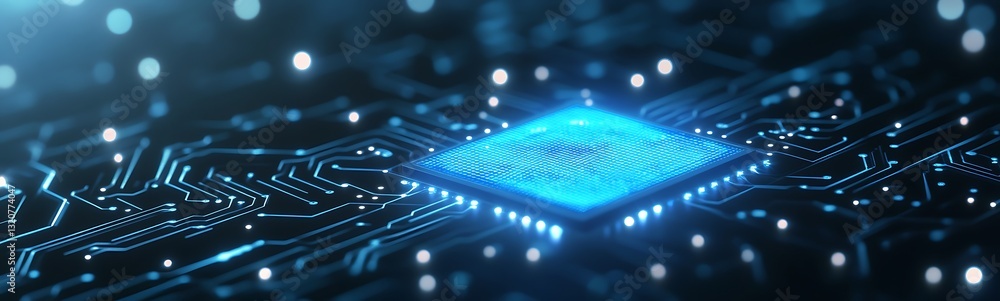 Aufkleber futuristic microchip glowing on a circuit board with blue lights.